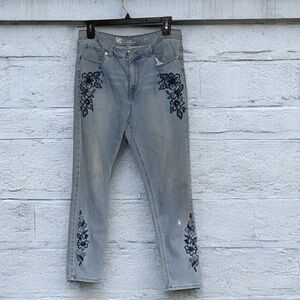 DG2 90s biker super stretch grey blue straight leg jeans floral embroidered 12P